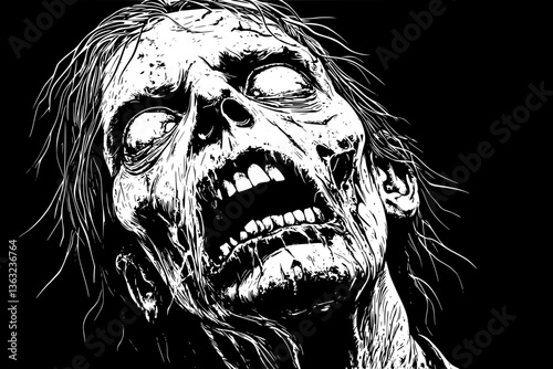 The Undead's Grim Gaze: An illustration of a zombie, its grotesque features dramatically rendered against a stark black background. A chilling visual of the macabre.