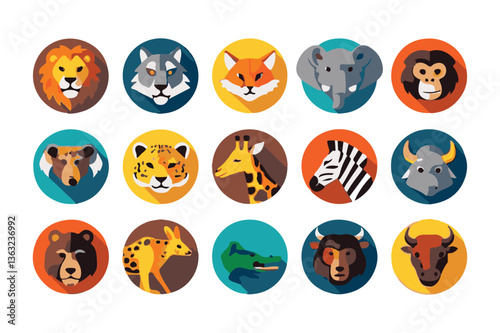 Colorful Animal Icons Collection; Flat Design Lion, Wolf, Fox, Elephant, Bear Heads Set