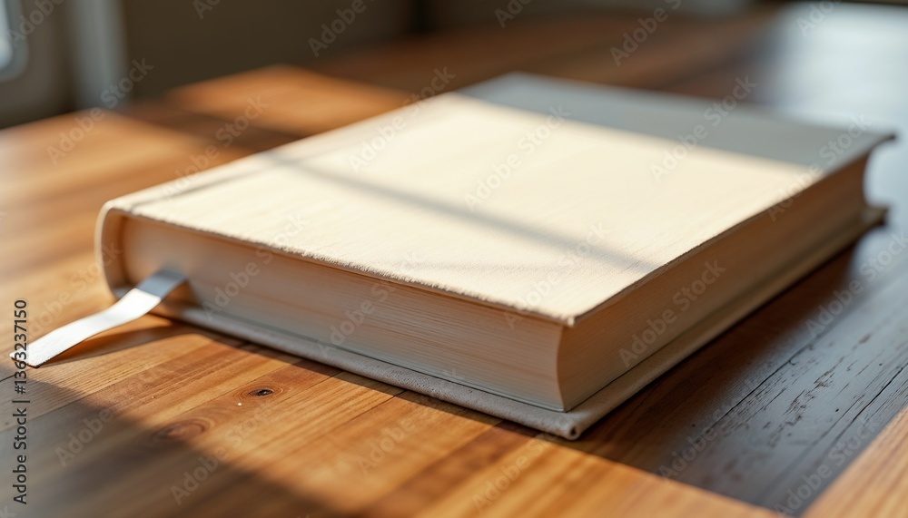 Fototapeta premium Photorealistic Hardcover Book with Vibrant Bookmark on Wooden Table in Natural Light – Perfect for Book Branding Mockups