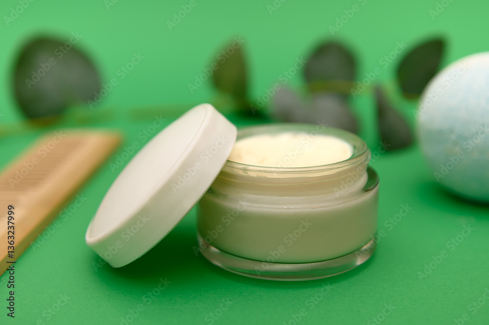 Glass container with cosmetic cream, wooden comb. Eucalyptus branches. Glass container with cosmetic cream, wooden comb. Eucalyptus branches.