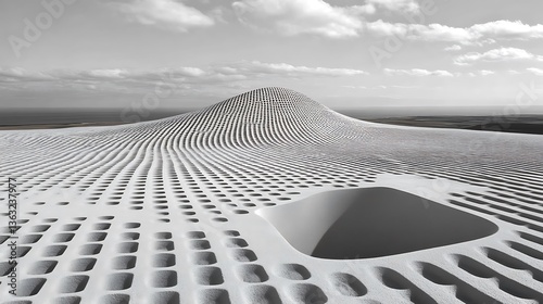 Monochrome architectural landscape with geometric repeating pattern formations