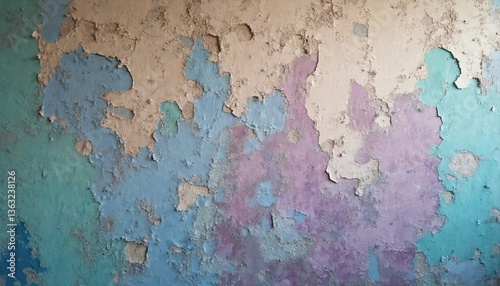 Textured wall showing paint peeling off. Colors blue purple green. Rough aged surface with weathered texture abstract design. Grunge style backdrop for creative designs. Old damaged cement wall.
