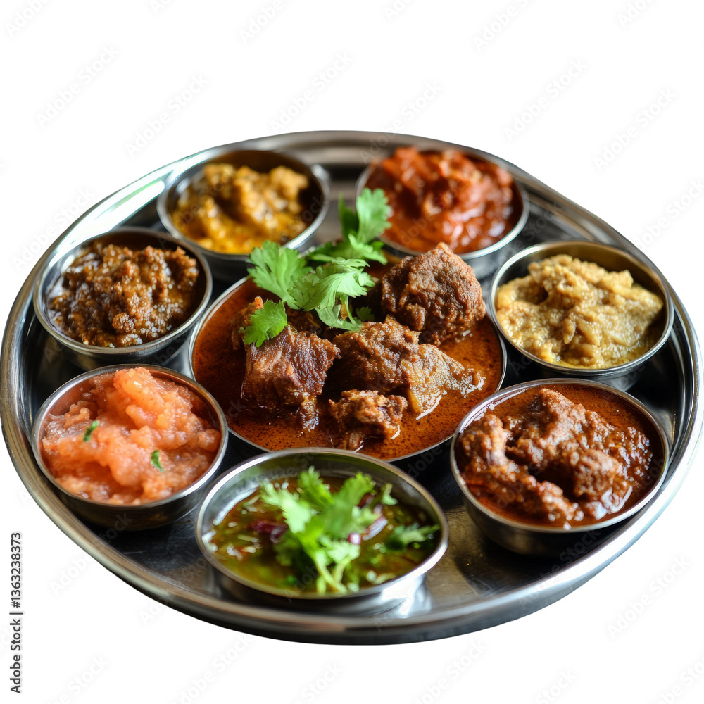 Traditional Indian Thali PNG – Rich Platter with Assorted Curries, Chutneys, and Fresh Cilantro Garnish Traditional Indian Thali PNG – Rich Platter with Assorted Curries, Chutneys, and Fresh Cilantro Garnish