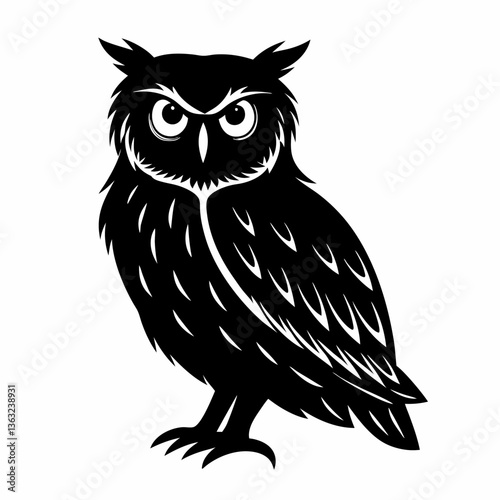 Owl silhouette vector illustration of a nocturnal bird perched isolated on a white background