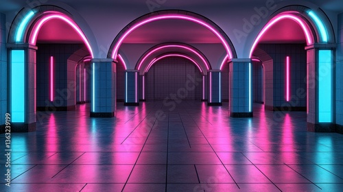 Neon Retro Arcade Tunnel: Pink and Cyan Lights Reflecting in a Sleek, Glossy Floor
