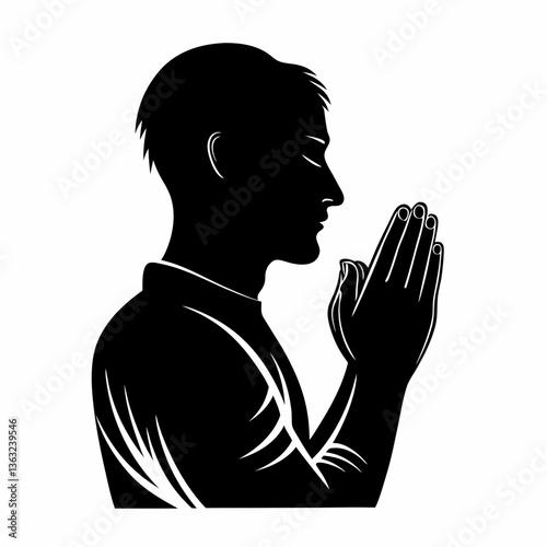 Praying man silhouette vector, black isolated religious worship icon