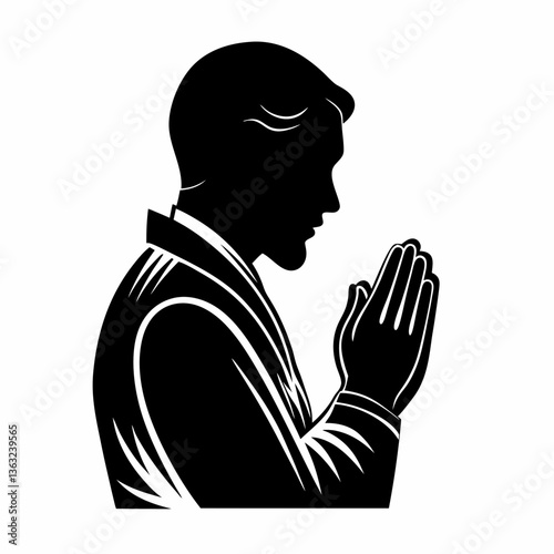 Praying man silhouette vector, black isolated religious worship icon
