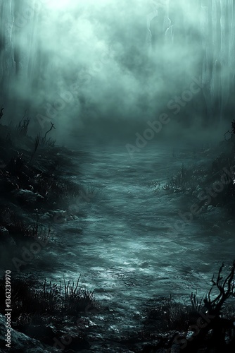 Mystical stream cutting through a desolated landscape with dense fog