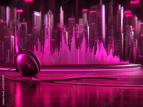 Neon cityscape with equalizer and modern headphones in futuristic style