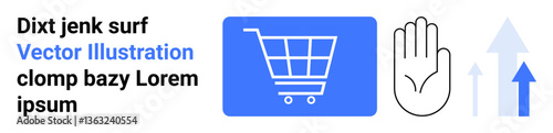 Shopping cart icon, hand gesture sign, and three upward arrows in blue and white. Ideal for e-commerce, shopping, growth, business analytics, retail, online marketing simple landing page
