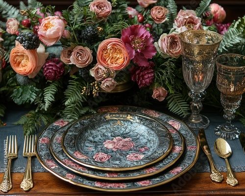 Elegant Table Setting with Floral Centerpiece and Gold Accents