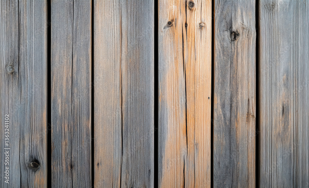 Naklejka premium A close-up of wooden planks with visible grain patterns, showcasing the natural beauty and texture of the wood. A perfectly symmetrical photo, centered, with copy space.