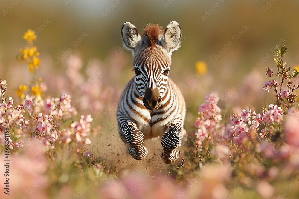 Naklejka premium Baby Zebra Running Through Blooming Spring Meadow in Sunlight - Generative AI
