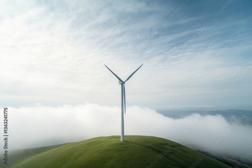 Obraz premium solitary wind turbine stands tall on rolling green hill under cloud-dappled sky symbolizing sustainable energy light