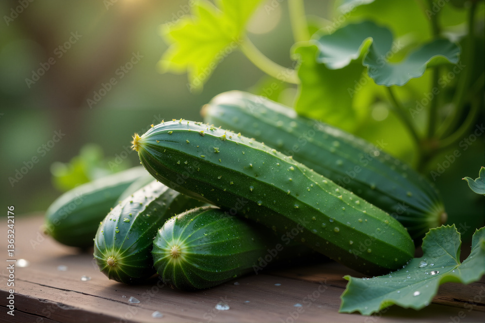 Crispy green cucumbers with sharp leaves, fresh and dewy, on a rough cut wooden table with copying space Crispy green cucumbers with sharp leaves, fresh and dewy, on a rough cut wooden table with copying space