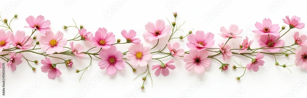 Obraz premium Pink cosmos flowers garland isolated on white. Floral ornament of pink blossom, green stems. Horizontal border design, decoration element for wedding invitation, birthday greeting, holiday card,