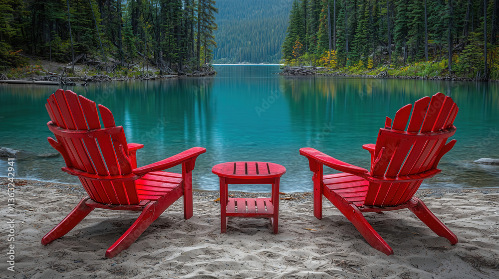 Fototapeta premium Relaxing by the tranquil lake with red chairs and scenic mountains in the background