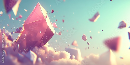 Pink crystal formation shattering amidst clouds, soft color palette scene