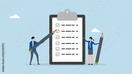 Task checklist, 4k animation of business individuals with a clipboard and checklist pencil. 