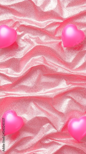 Pink shimmering background fabric with heart shapes perfect for valentines