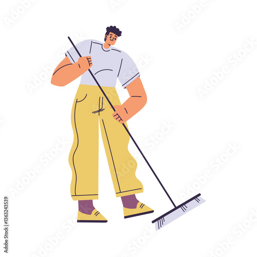 Cleaning with Man Character Sweeping Floor Do Cleanup Vector Illustration
