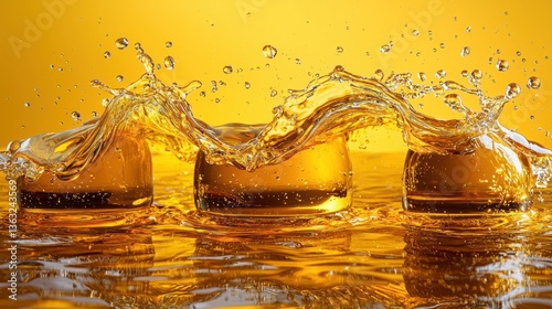 Golden Liquid Splash: Amber Cubes in Motion