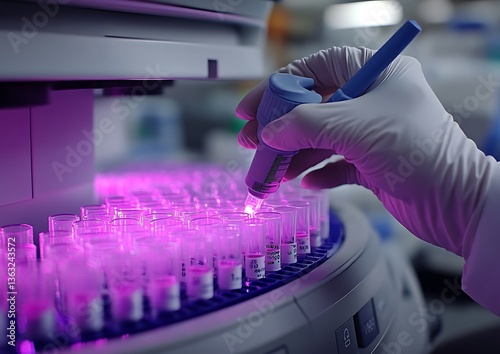 A scientist operates lab equipment inside a modern laboratory setting