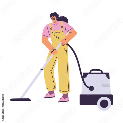 Cleaning with Woman Character Vacuum Floor Do Cleanup Vector Illustration