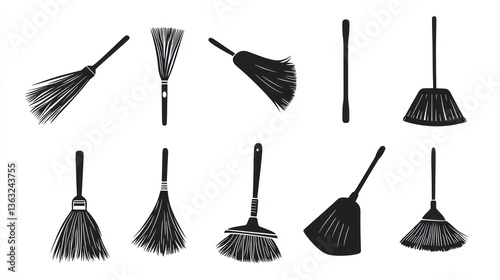 Cleaning tools broom icons set, isolated