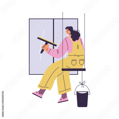 Cleaning with Woman Character Washing Window Do Cleanup Vector Illustration