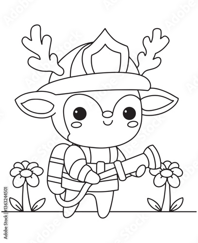 Coloring book deer firefighter with a helmet and hose, standing between flowers