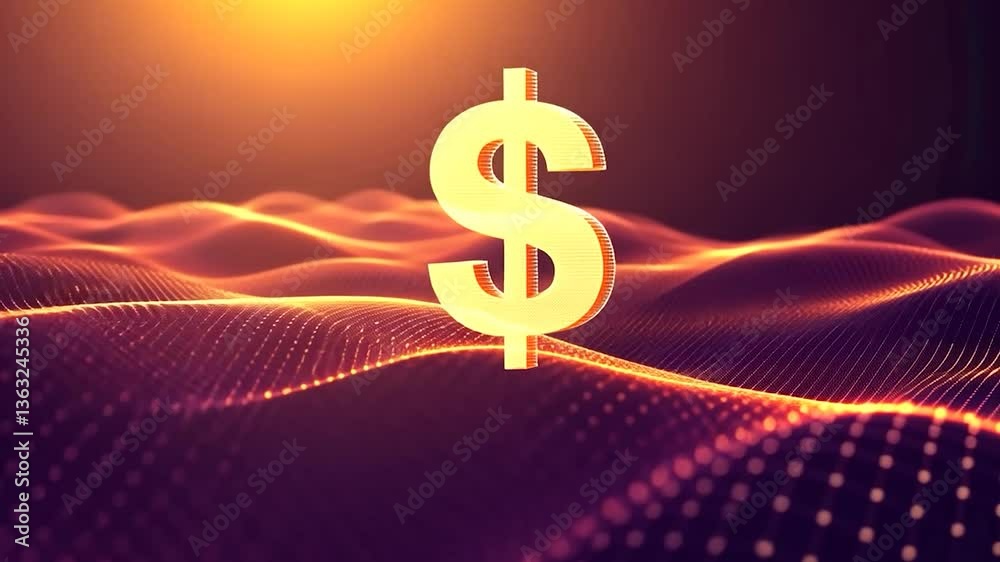 Abstract dollar sign graphic on a digital terrain.