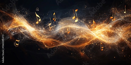 Golden musical notes dance in a cosmic swirl of light and energy, a vibrant symphony of sound visualized.
