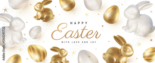 Vector cartoon style pattern design with golden egg and ceramic bunny on white color background. 3d Happy Easter illustration with realistic golden egg and porcelain rabbit for easter hunt card