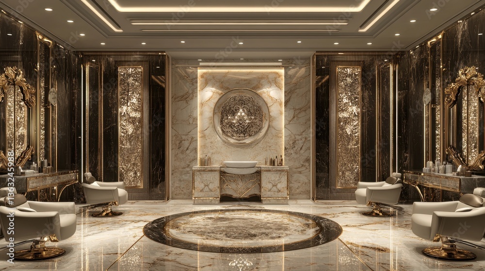 Fototapeta premium A luxurious beauty salon interior with elegant lighting, marble floors, and modern decor, featuring cozy styling chairs and gold-framed mirrors.