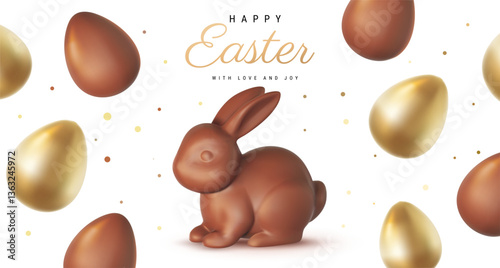 Vector Happy Easter illustration with realistic chocolate rabbit and shine golden egg on white background. 3d cartoon style pattern design with golden egg and chocolate bunny for easter hunt banner