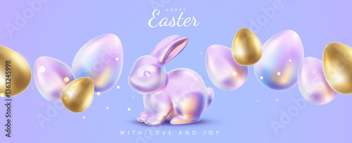 Vector Happy Easter illustration with realistic shine neon bunny and golden egg on color background. 3d cartoon style pattern design with golden egg and purple rabbit for holiday easter hunt banner