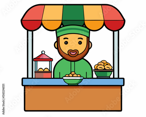 Eid market stall vector icon, traditional festival bazaar selling sweets and gifts
