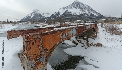 Rustic Winter Bridge Over Frozen River with Snowy Mountain Range