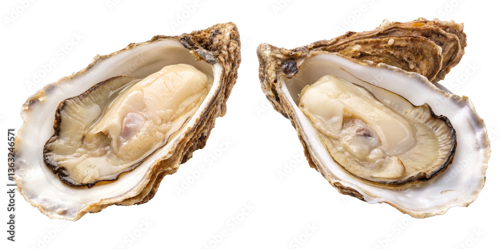 Naklejka premium Two Open Oysters Isolated on Transparent Background, Seafood, Food Photography, Oysters, Shellfish, Food