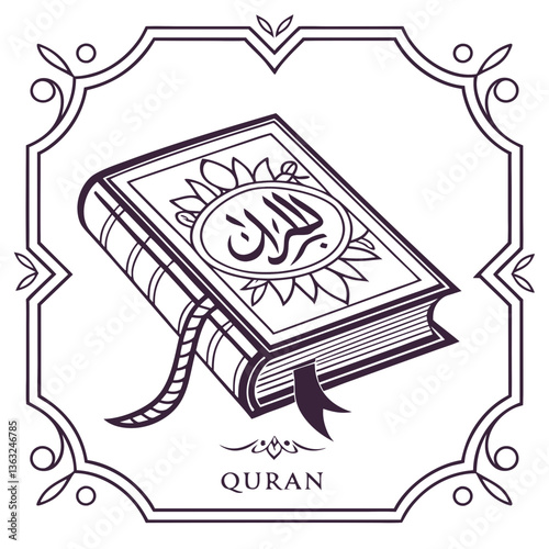 Quran book vector with Arabic calligraphy, Islamic holy scripture illustration