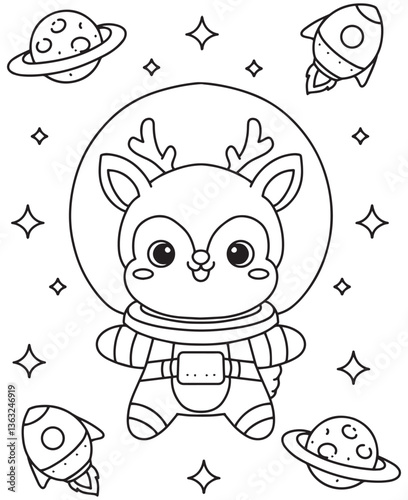Coloring book Astronaut deer in space with planets, rockets, and stars