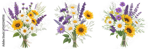 Triple Sunflowers and Lavender Bouquets, Isolated on Transparent Background, Illustration, Floral Design, sunflowers, lavender, daisies