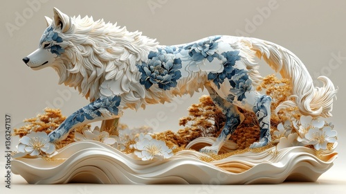 Elegant Porcelain Wolf Sculpture: A Masterpiece of Artistic Detail