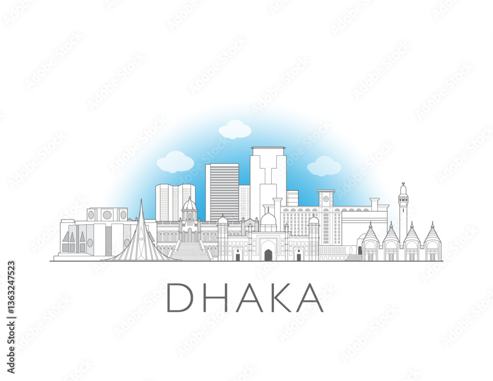 Fototapeta premium Dhaka, Bangladesh cityscape illustration skyline drawing