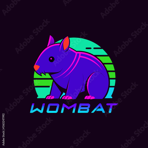 Retro 80s neon wombat logo design vibrant purple colors sunset background cool graphic illustration