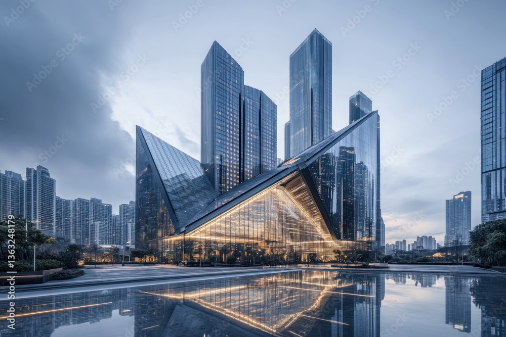 Naklejka premium Modern glass skyscrapers reflecting in water at dawn.