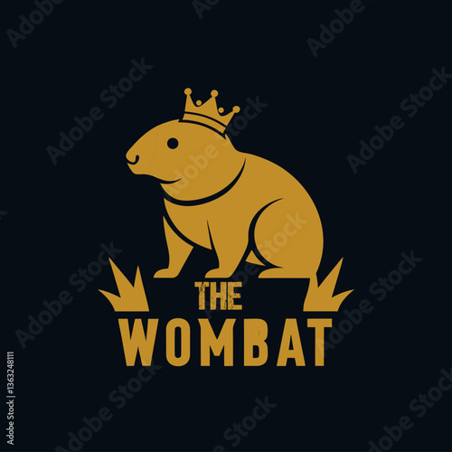 Regal Wombat King A majestic golden wombat wearing a crown stylish logo design on dark background