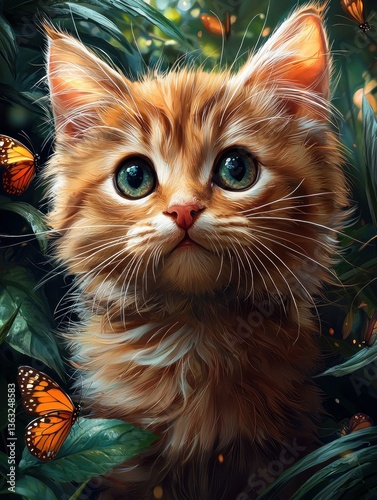 Orange Kitten Amidst Lush Foliage and Butterflies