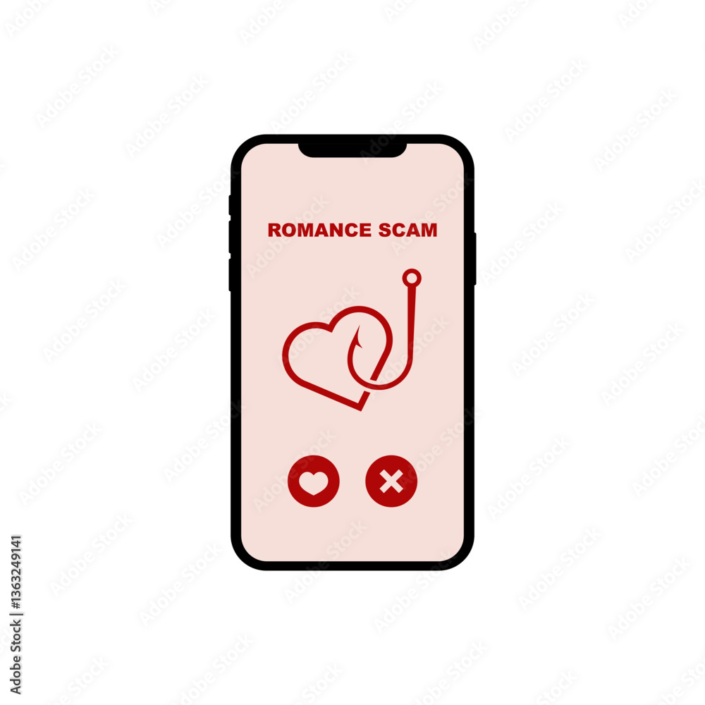 smartphone displays a warning sign about romance scams, highlighting a heart and hook symbol in red. smartphone displays a warning sign about romance scams, highlighting a heart and hook symbol in red.
